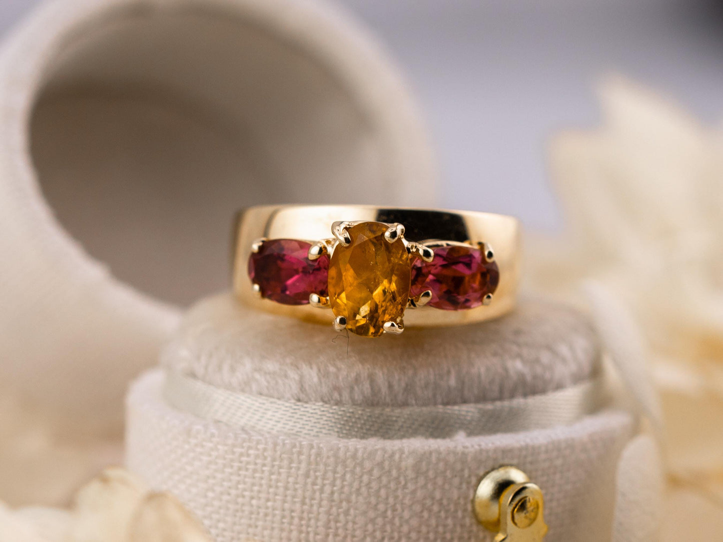 Vintage citrine and morganite ring 14k gold citrine ring three stone ring morganite ring solid gold ring birthstone ring, size 5.75