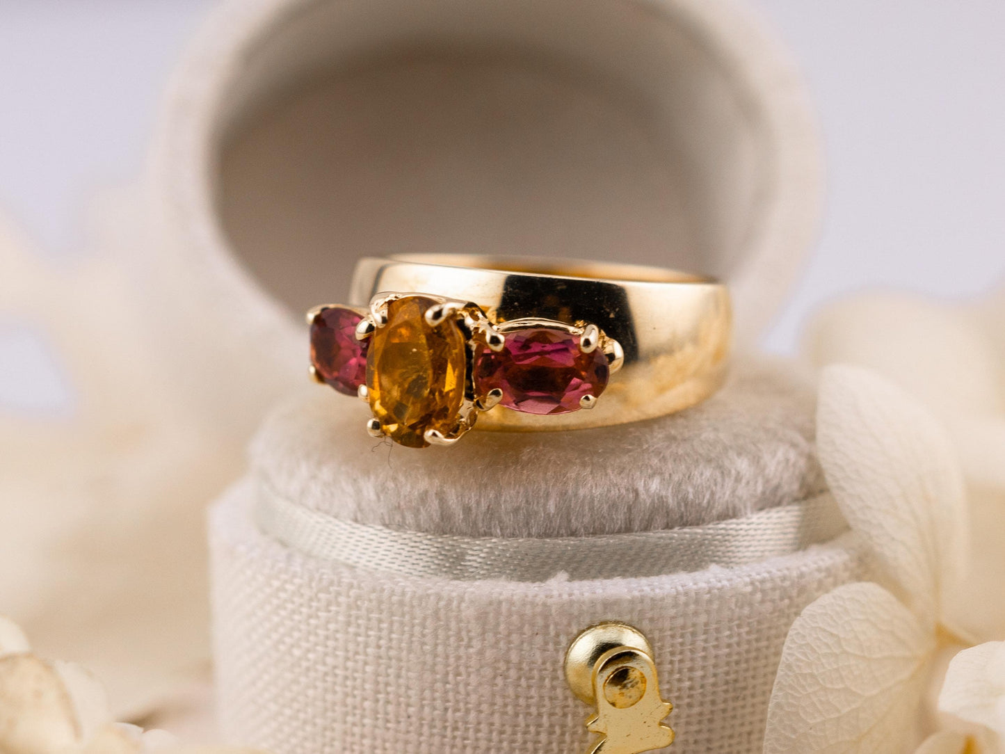 Vintage citrine and morganite ring 14k gold citrine ring three stone ring morganite ring solid gold ring birthstone ring, size 5.75