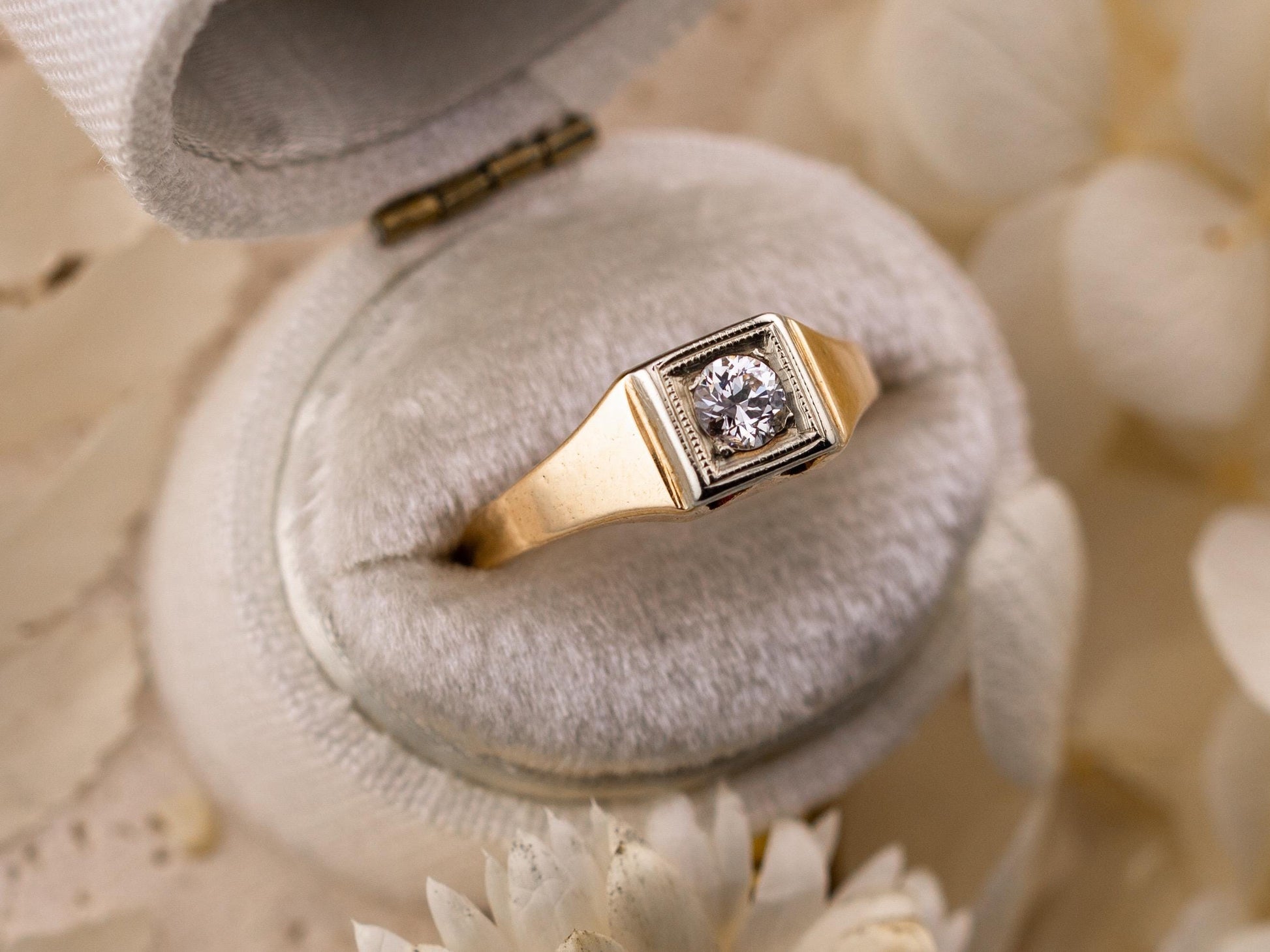 Vintage diamond engagement ring 14k solid gold engagement ring circa 1920s old European cut art deco engagement ring two tone ring, size 5
