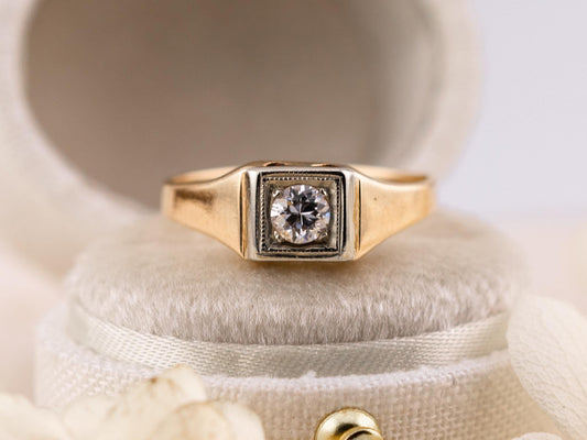 Vintage diamond engagement ring 14k solid gold engagement ring circa 1920s old European cut art deco engagement ring two tone ring, size 5