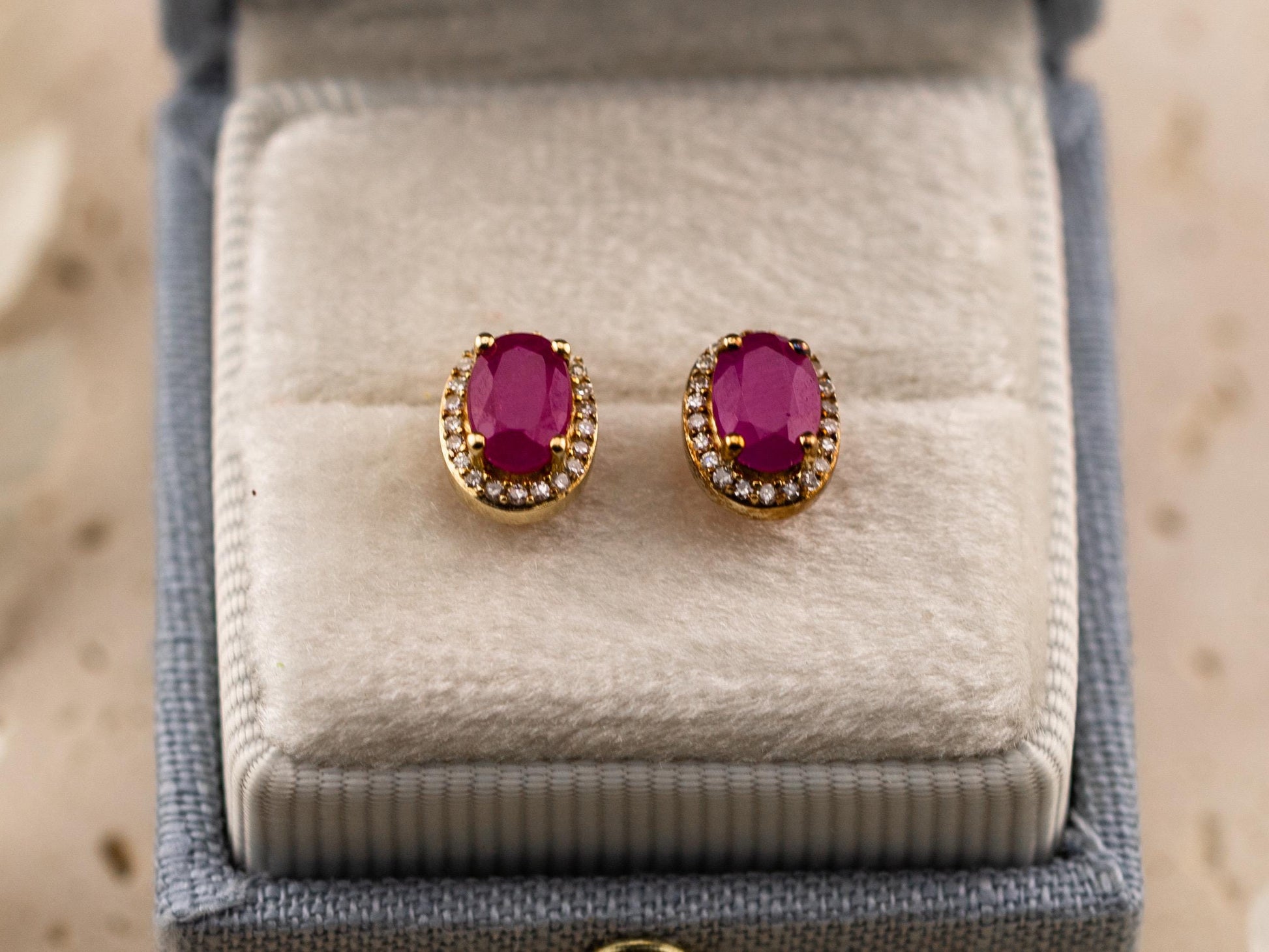 Vintage ruby earrings ruby and diamond earrings 10k solid yellow gold pink oval earrings halo