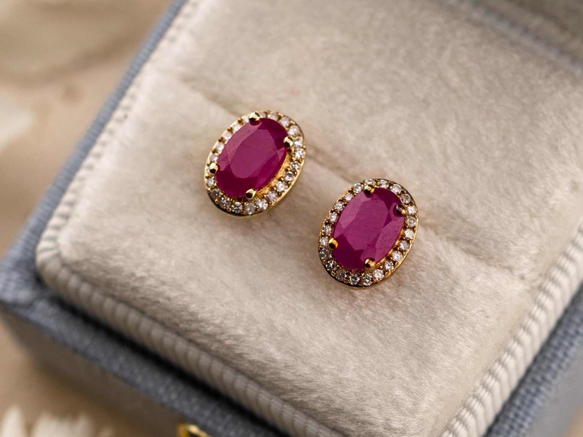 Vintage ruby earrings ruby and diamond earrings 10k solid yellow gold pink oval earrings halo
