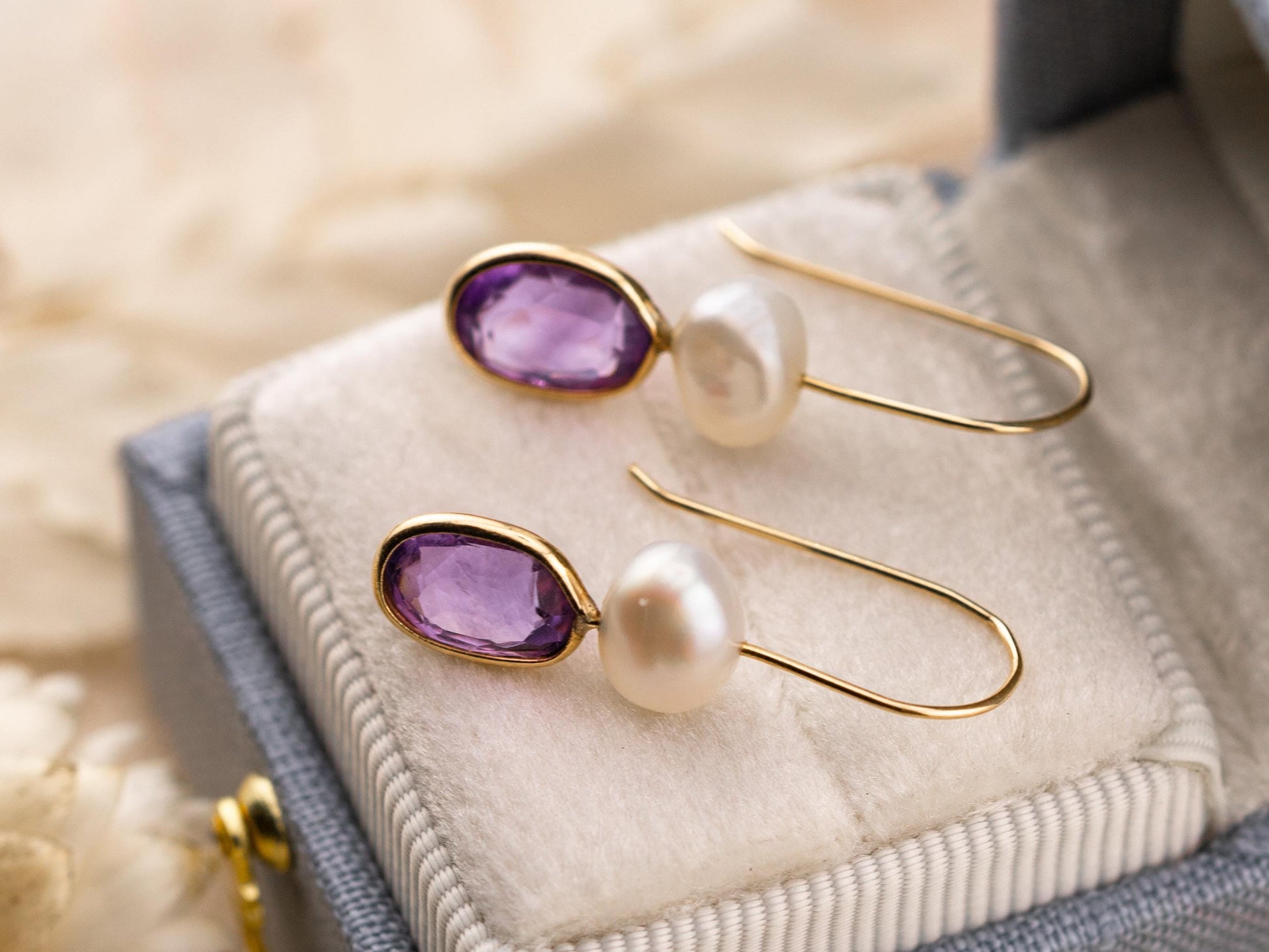 Amethyst and pearl earrings bezel set pear dangle earrings 14k solid yellow gold February birthstone earrings