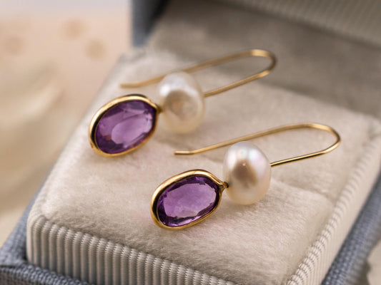 Amethyst and pearl earrings bezel set pear dangle earrings 14k solid yellow gold February birthstone earrings