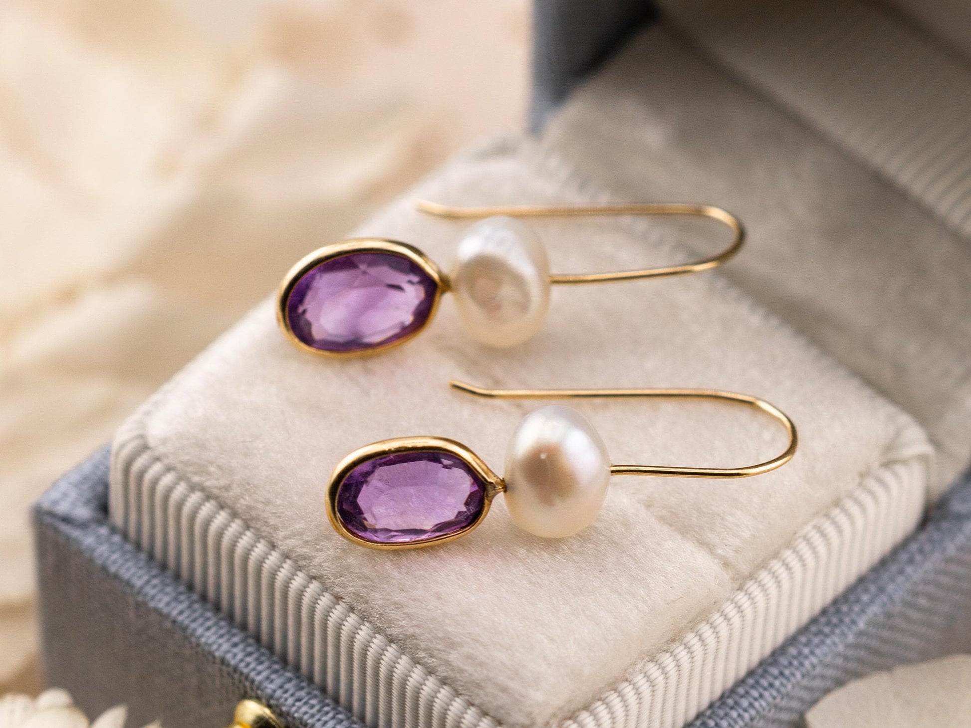 Amethyst and pearl earrings bezel set pear dangle earrings 14k solid yellow gold February birthstone earrings