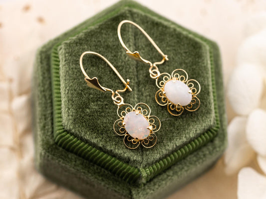 Vintage opal earrings oval cut earrings 14k solid yellow gold floral filigree earrings genuine vintage