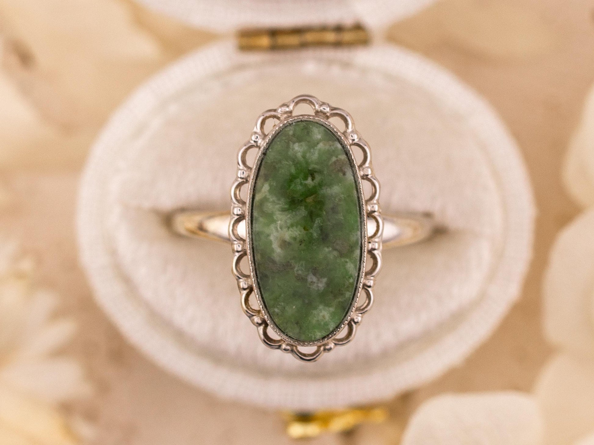Vintage jade ring oval cut jade 10k solid white gold statement ring bezel set filigree detail genuine antique ring, Size 7