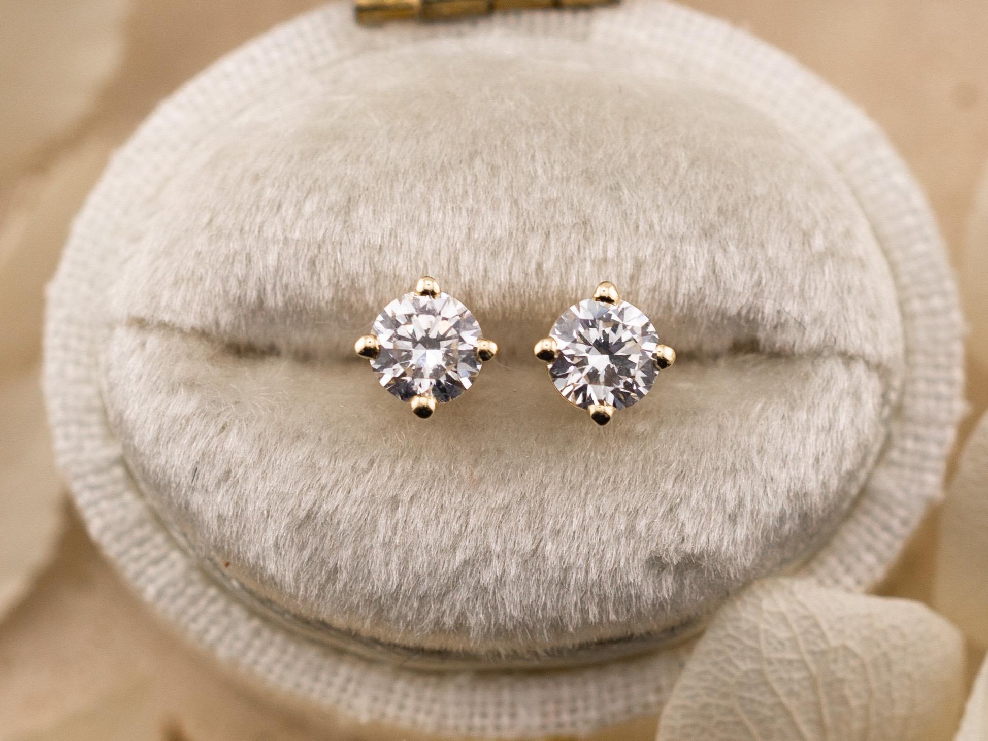 Lab diamond stud earrings 14k solid yellow gold earrings with push backs, four prong diamond earrings, ethical lab grown diamonds