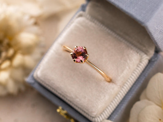 Vintage pink tourmaline ring 9k solid rose gold round cut solitaire ring, size 10