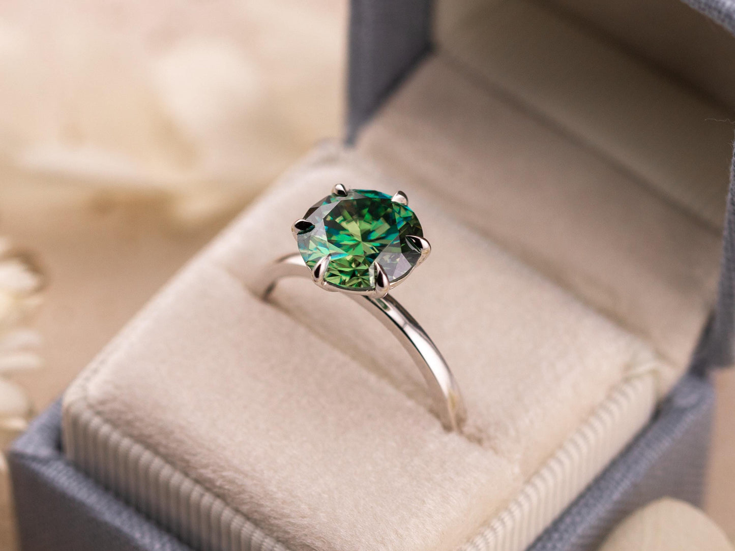 Blue moissanite engagement ring 3 carat round cut 10k solid white gold ring blue teal green moissanite ring, size