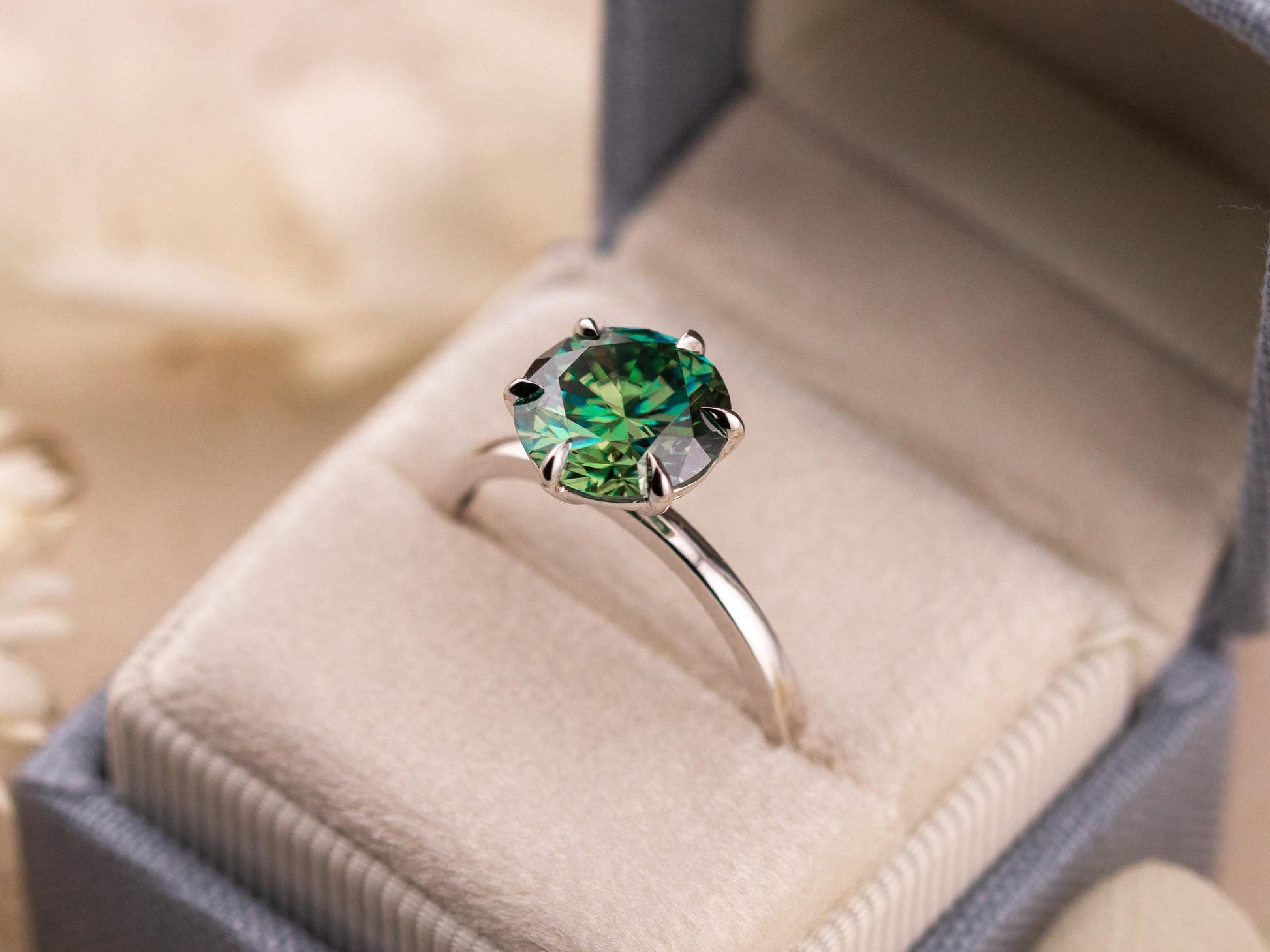 Blue moissanite engagement ring 3 carat round cut 10k solid white gold ring blue teal green moissanite ring, size