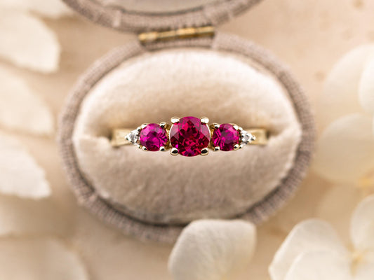 Vintage ruby ring round cut three stone ruby ring 10k solid yellow gold lab grown ethical ruby and diamond ring, size 6.5
