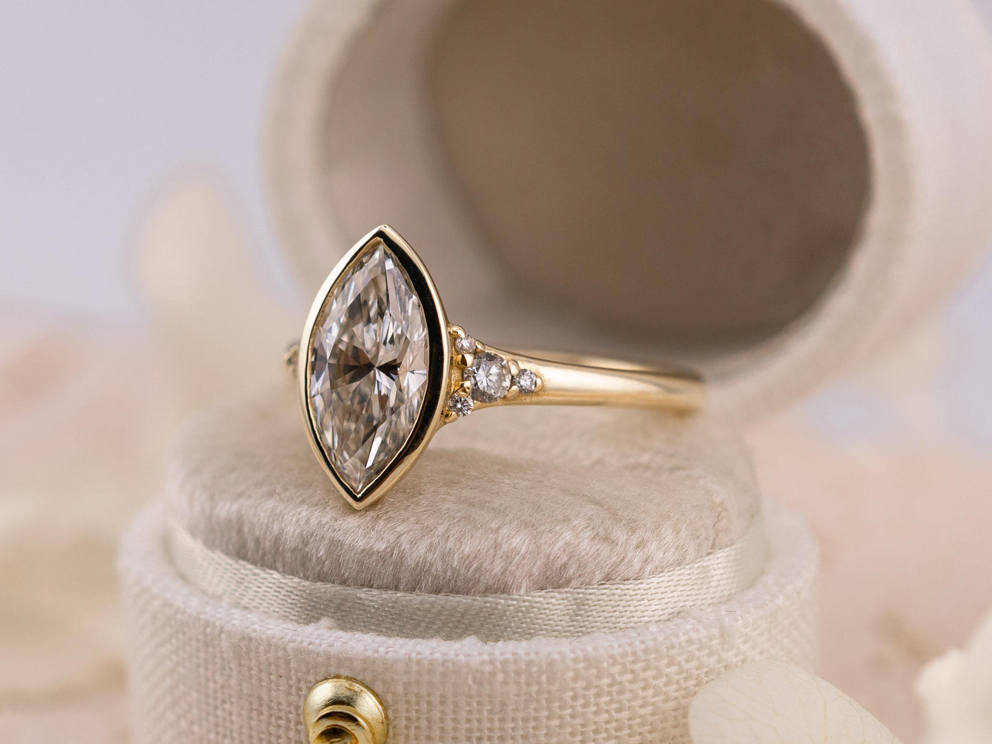 Marquise cut engagement ring lab diamond bezel set ring 14k solid gold engagement ring with side stones and tapered band IGI certified