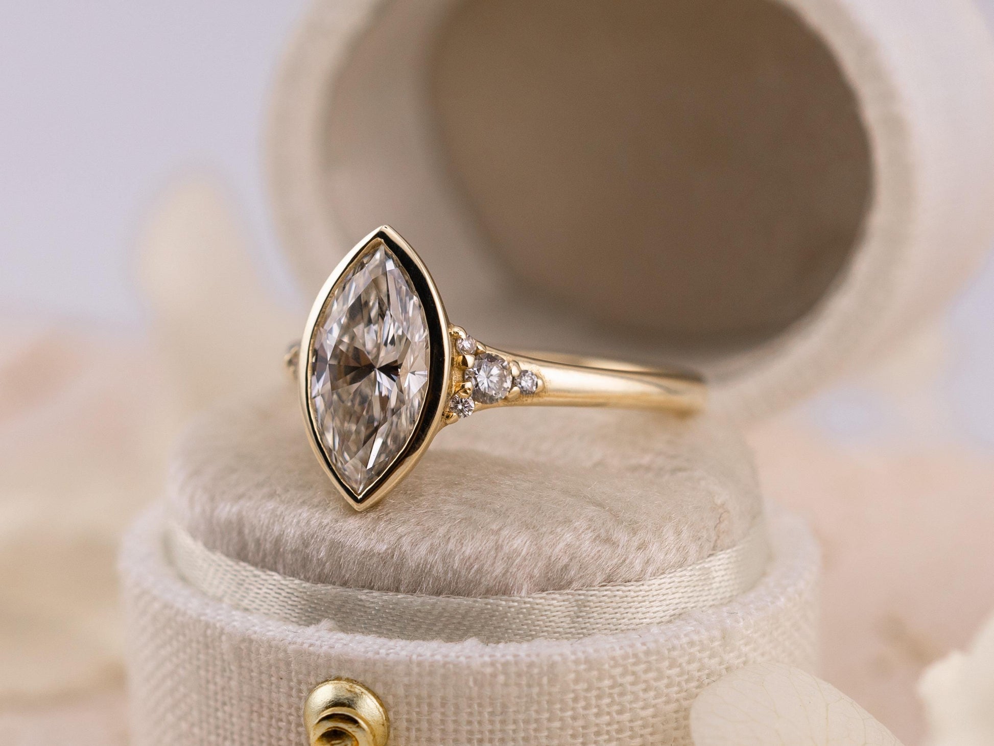 Marquise cut engagement ring lab diamond bezel set ring 14k solid gold engagement ring with side stones and tapered band IGI certified