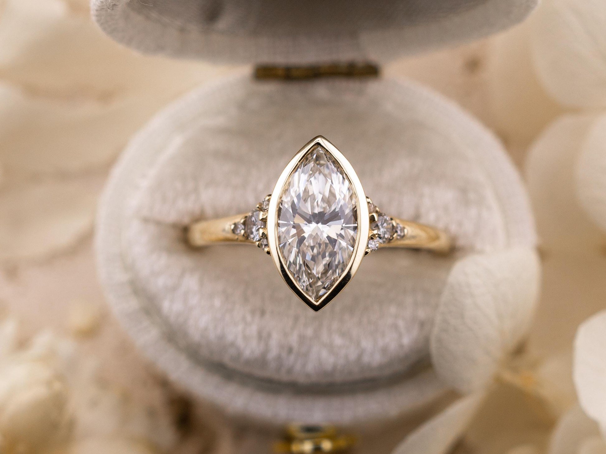 Marquise cut engagement ring lab diamond bezel set ring 14k solid gold engagement ring with side stones and tapered band IGI certified