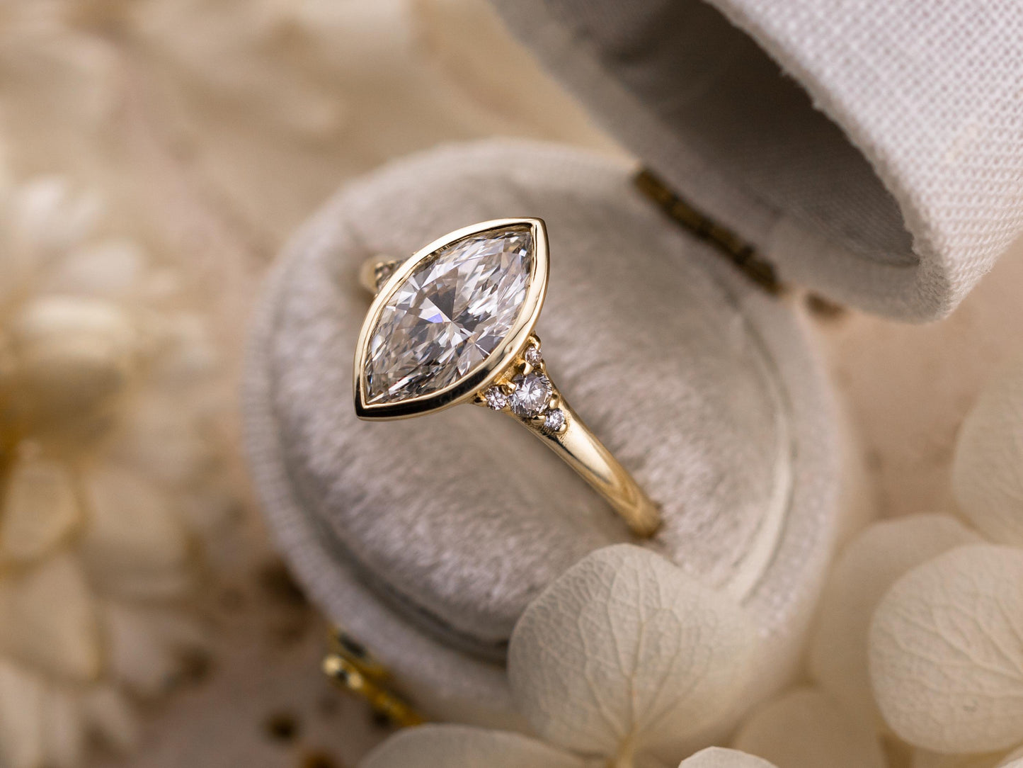 Marquise cut engagement ring lab diamond bezel set ring 14k solid gold engagement ring with side stones and tapered band IGI certified