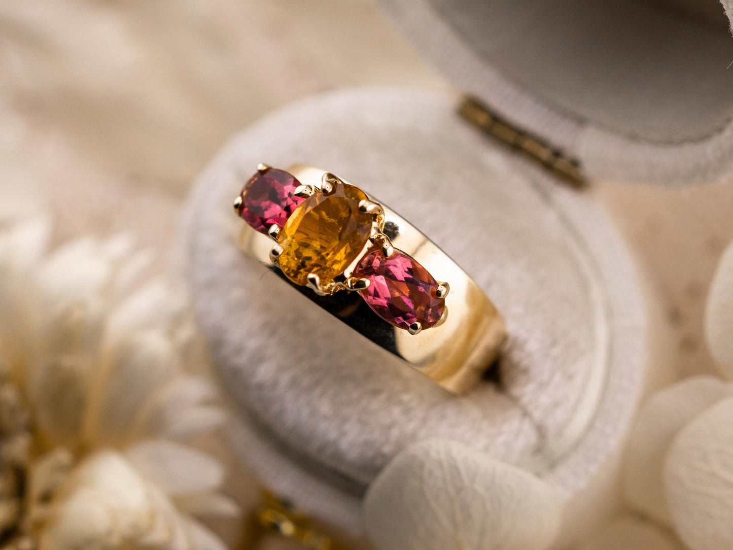Vintage citrine and morganite ring 14k gold citrine ring three stone ring morganite ring solid gold ring birthstone ring, size 5.75