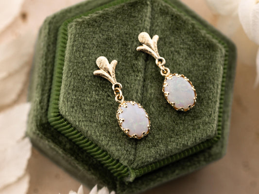 Vintage earrings opal earrings 14k solid yellow gold antique drop earrings oval cut
