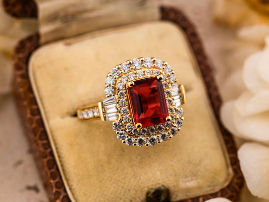 Ruby ring Ruby and Diamond Ring Emerald Cut Lab grown Ruby Double Halo Ring yellow gold