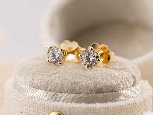 Lab diamond stud earrings 14k solid yellow gold earrings with push backs, four prong diamond earrings, ethical lab grown diamonds