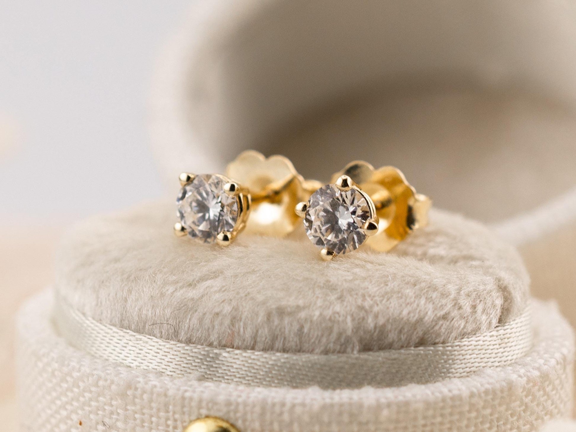 Lab diamond stud earrings 14k solid yellow gold earrings with push backs, four prong diamond earrings, ethical lab grown diamonds