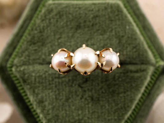 Vintage pearl ring three stone pearl ring claw prongs 14k solid yellow gold statement ring genuine antique vintage ring, size 5.25