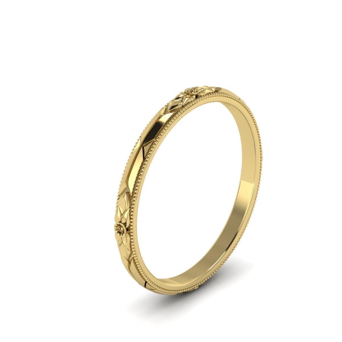 Vintage Art Deco band Orange Blossom Engraved Wedding Band 14k Yellow Gold handmade ring
