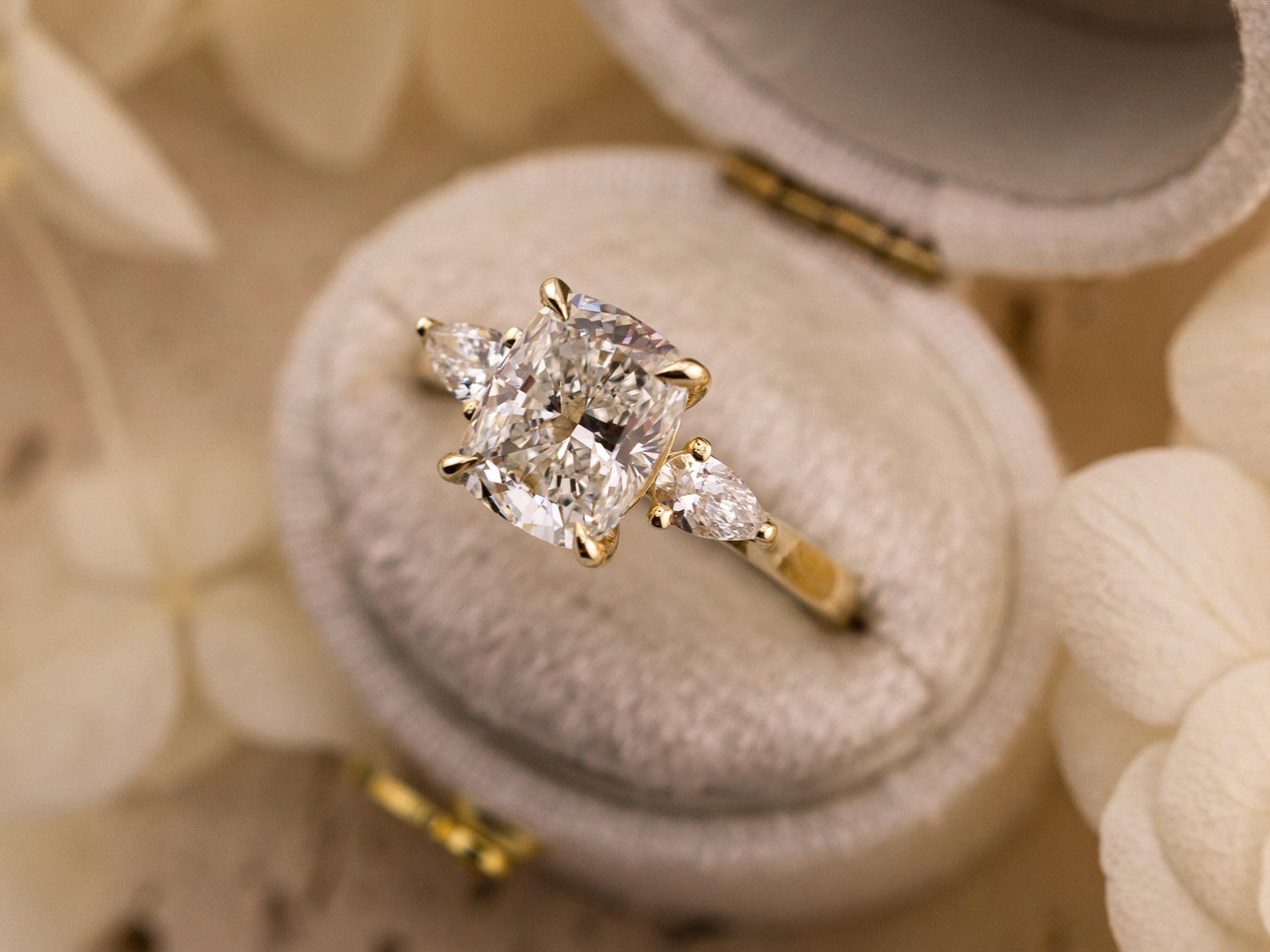 Cushion cut engagement ring three stone engagement ring lab grown diamond ring 2.5 carat 14k solid gold IGI certified lab grown diamonds