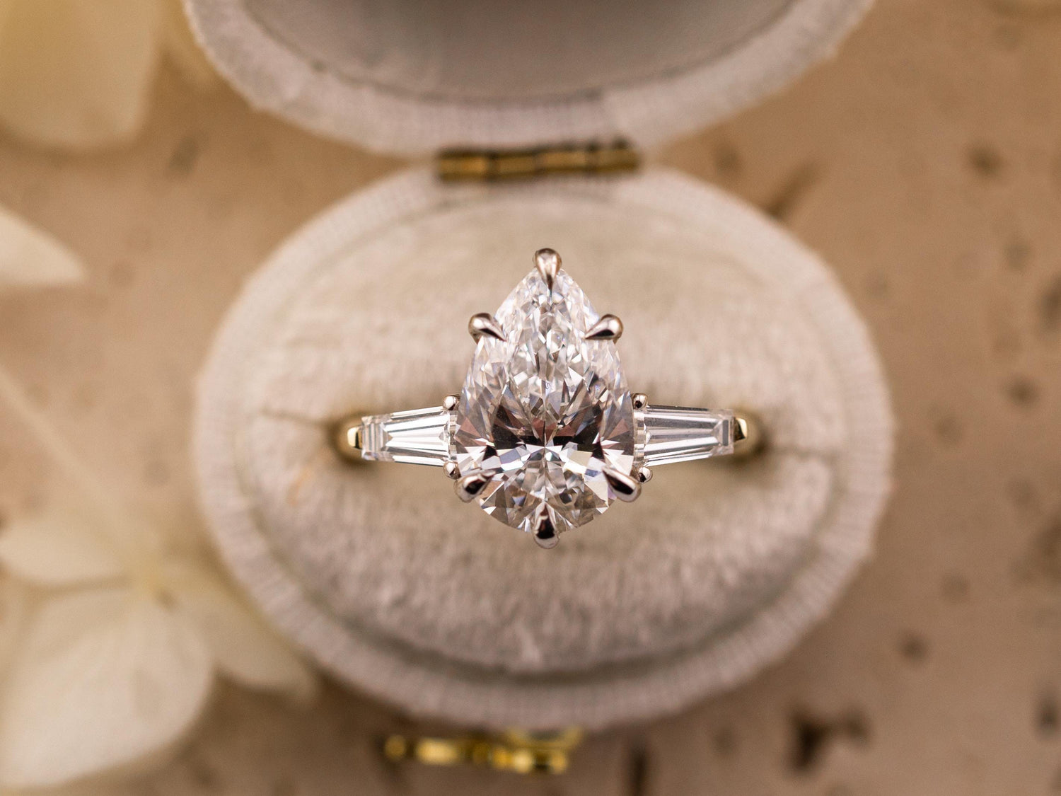 Pear engagement ring three stone engagement ring lab grown diamond ring 3 carat solid gold IGI certified lab grown diamonds