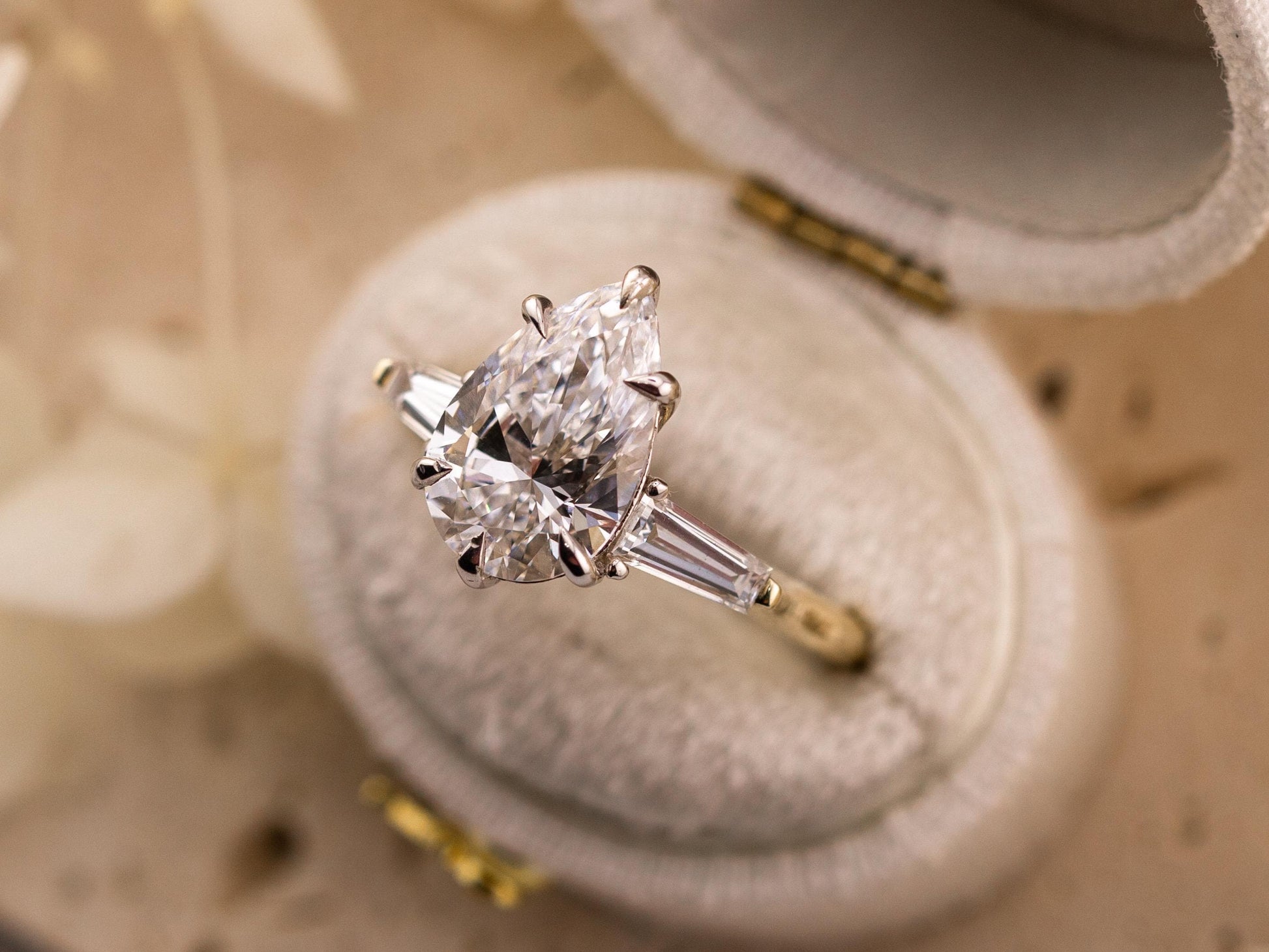 Pear engagement ring three stone engagement ring lab grown diamond ring 3 carat solid gold IGI certified lab grown diamonds