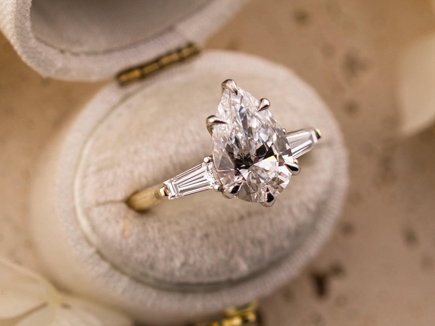 Pear engagement ring three stone engagement ring lab grown diamond ring 3 carat solid gold IGI certified lab grown diamonds