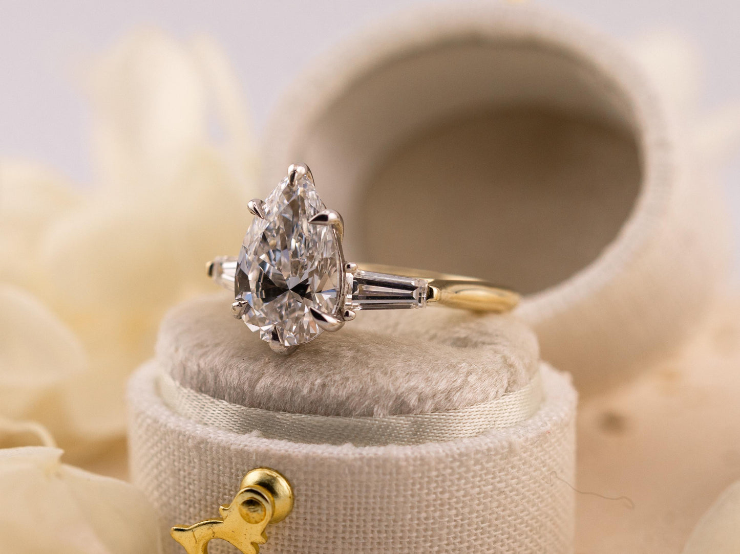 Pear engagement ring three stone engagement ring lab grown diamond ring 3 carat solid gold IGI certified lab grown diamonds