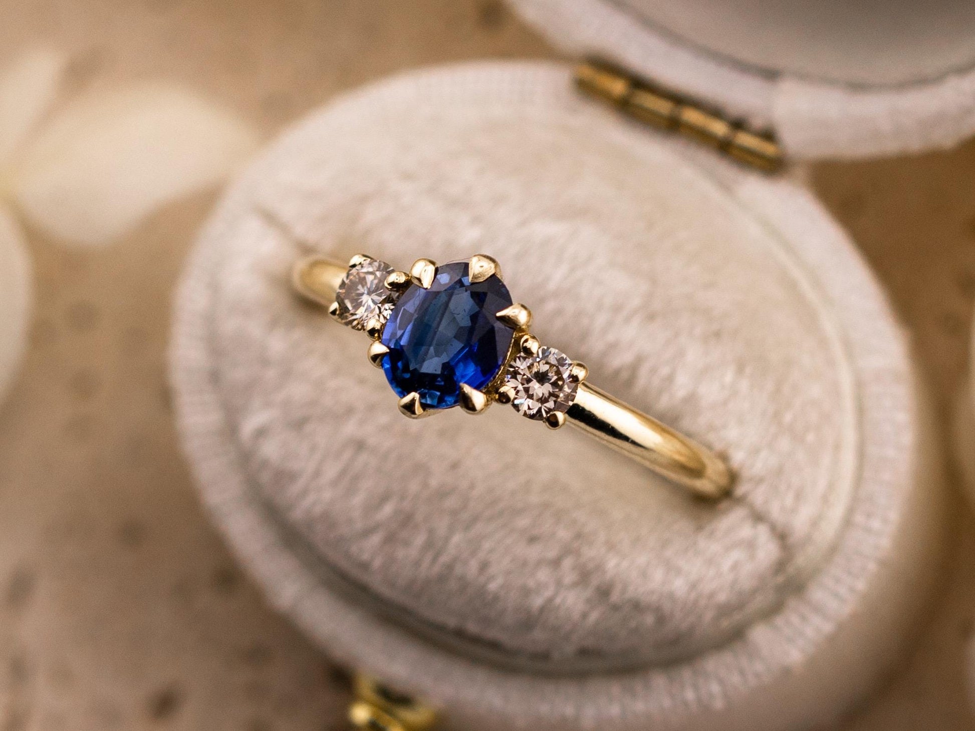 Sapphire three stone ring 14k solid yellow gold ring, size 7