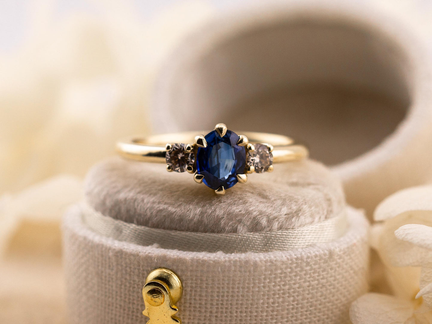 Sapphire three stone ring 14k solid yellow gold ring, size 7