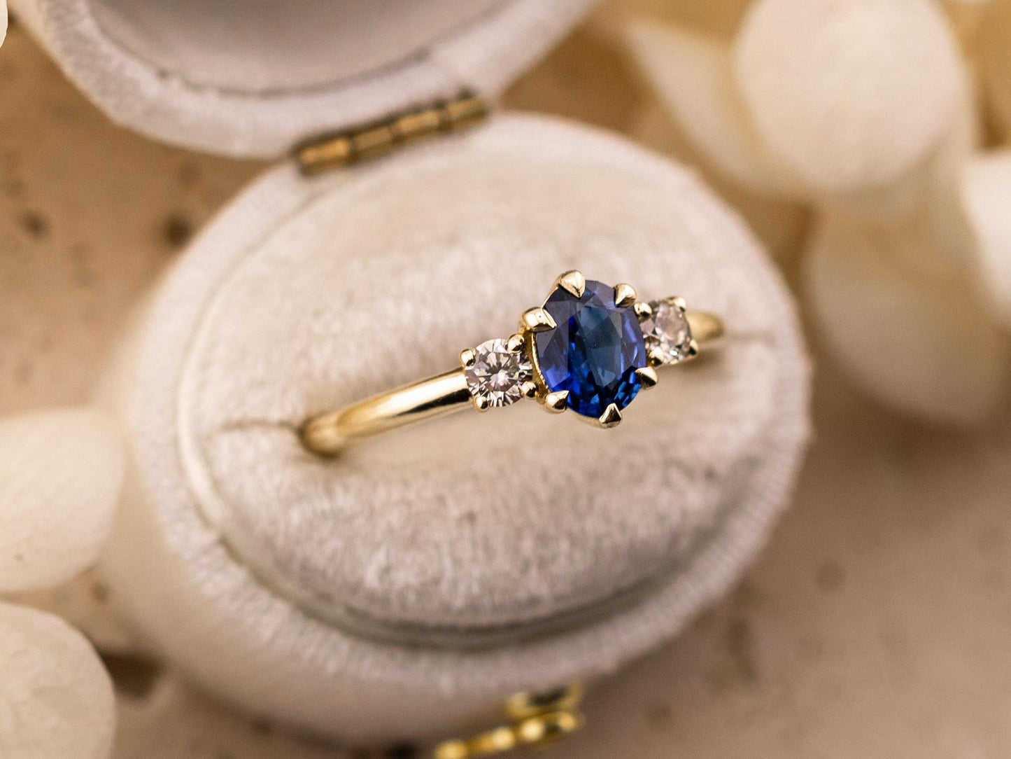 Sapphire three stone ring 14k solid yellow gold ring, size 7