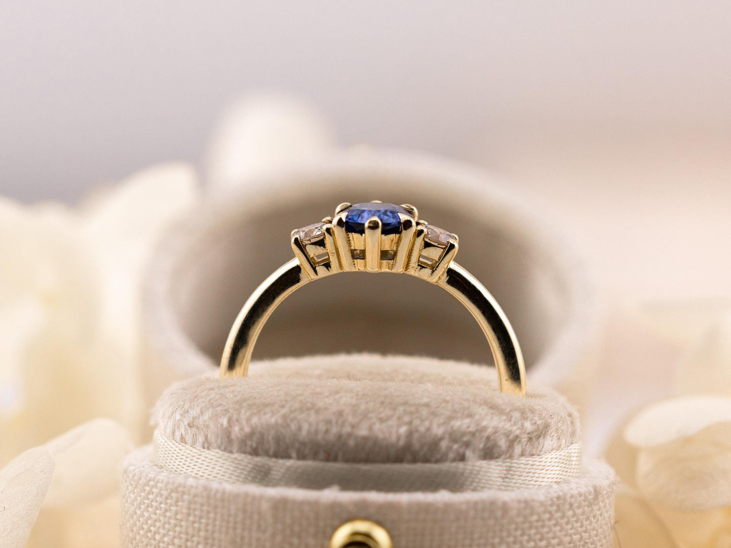 Sapphire three stone ring 14k solid yellow gold ring, size 7