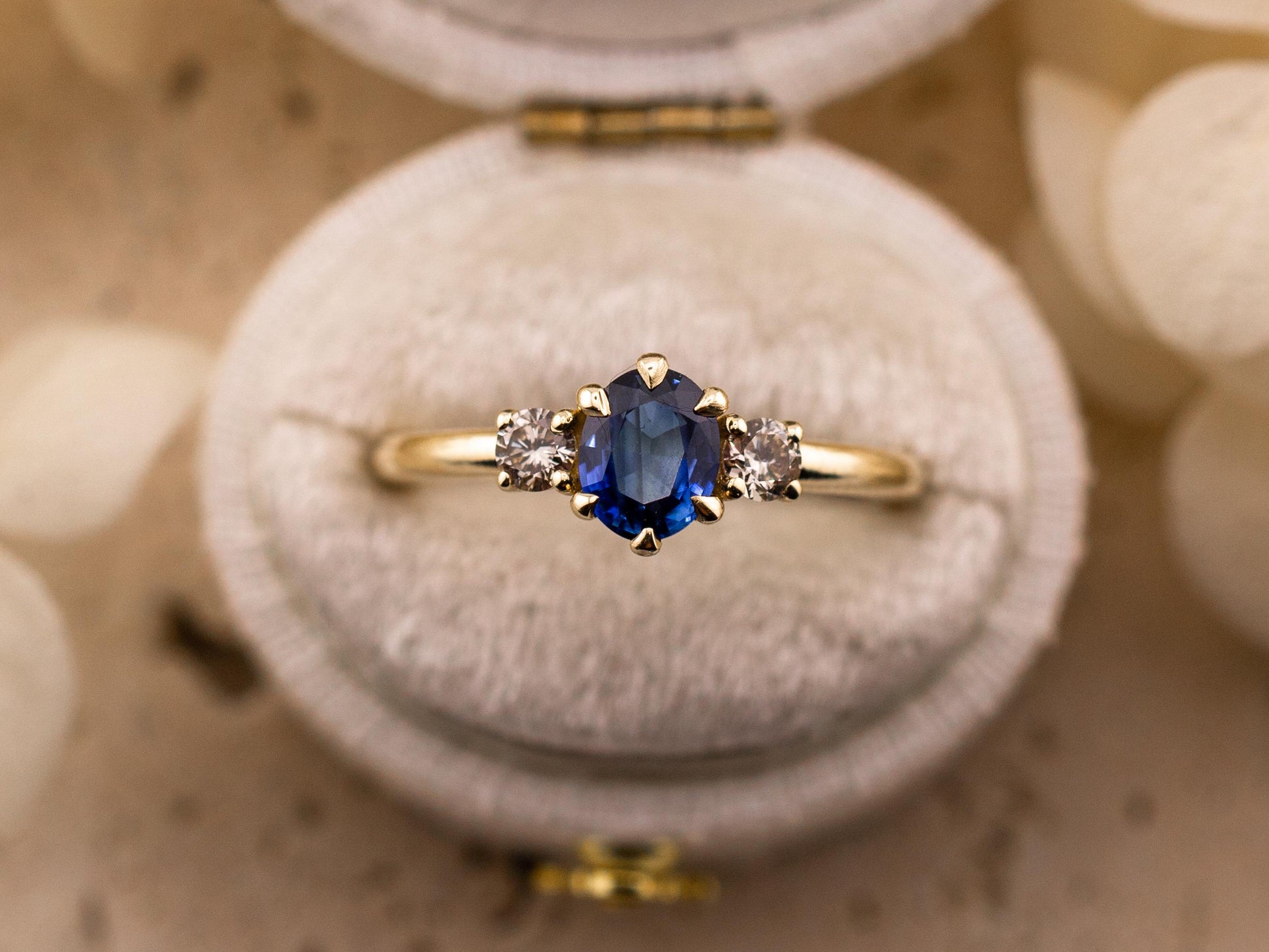 Sapphire three stone ring 14k solid yellow gold ring, size 7