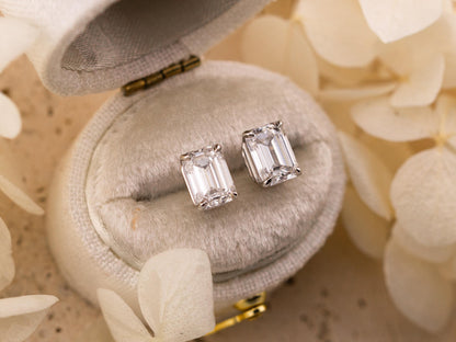 Emerald cut lab diamond stud earrings 14k solid white gold earrings with push backs, four prong diamond earrings, ethical lab grown diamonds