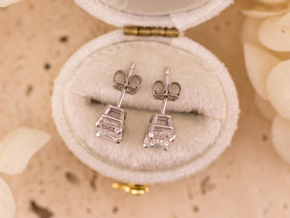 Emerald cut lab diamond stud earrings 14k solid white gold earrings with push backs, four prong diamond earrings, ethical lab grown diamonds