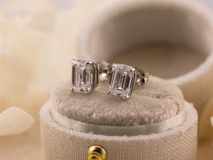 Emerald cut lab diamond stud earrings 14k solid white gold earrings with push backs, four prong diamond earrings, ethical lab grown diamonds