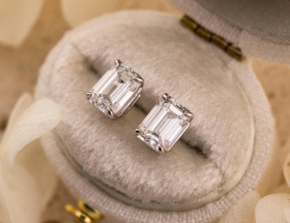 Emerald cut lab diamond stud earrings 14k solid white gold earrings with push backs, four prong diamond earrings, ethical lab grown diamonds