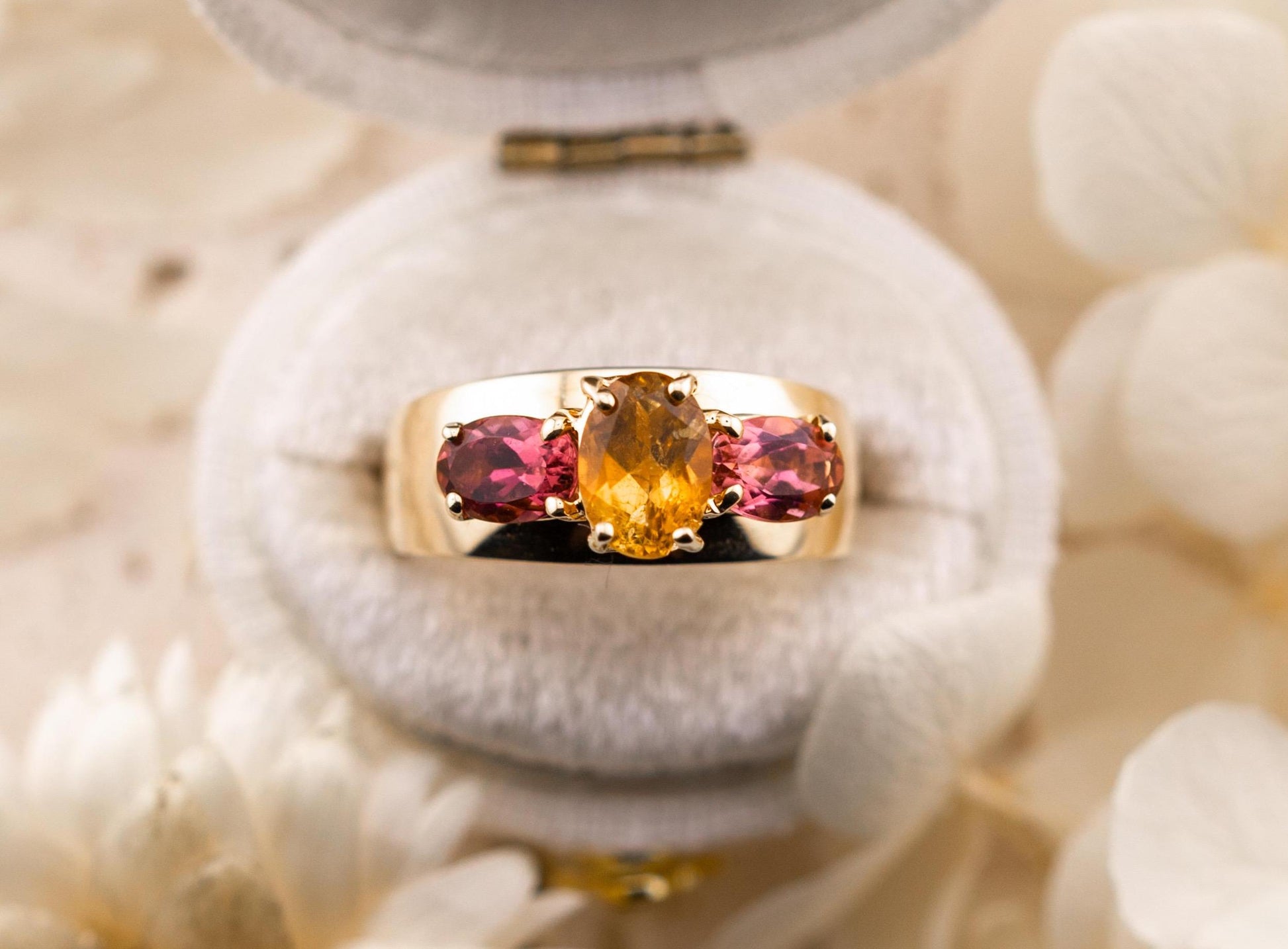 Vintage citrine and morganite ring 14k gold citrine ring three stone ring morganite ring solid gold ring birthstone ring, size 5.75