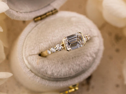 Emerald cut engagement ring east west lab grown diamond ring 1.75 carat solid gold IGI certified lab grown diamonds custom engagement ring