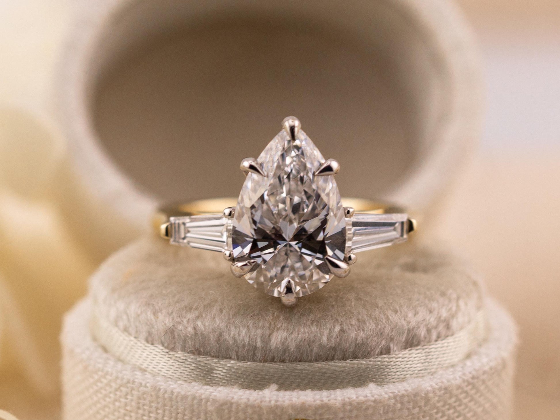 Pear engagement ring three stone engagement ring lab grown diamond ring 3 carat solid gold IGI certified lab grown diamonds