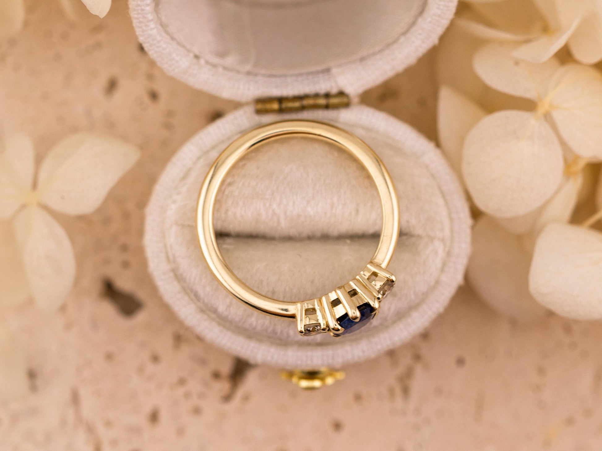 Sapphire three stone ring 14k solid yellow gold ring, size 7