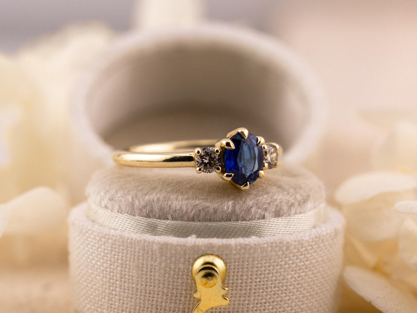 Sapphire three stone ring 14k solid yellow gold ring, size 7