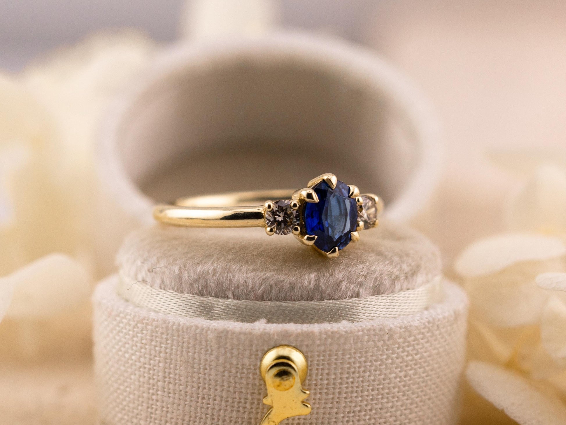 Sapphire three stone ring 14k solid yellow gold ring, size 7