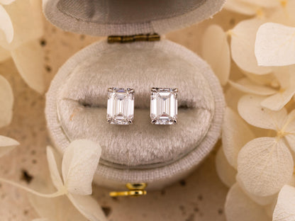 Emerald cut lab diamond stud earrings 14k solid white gold earrings with push backs, four prong diamond earrings, ethical lab grown diamonds