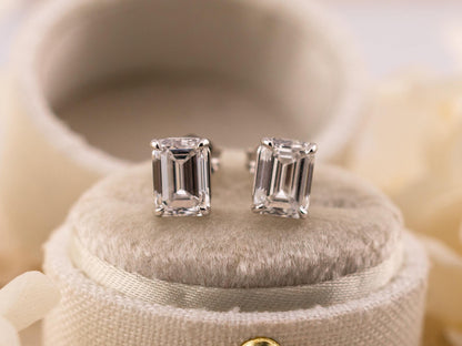 Emerald cut lab diamond stud earrings 14k solid white gold earrings with push backs, four prong diamond earrings, ethical lab grown diamonds