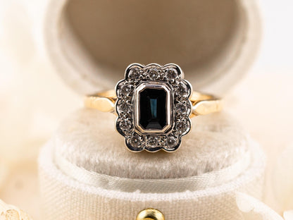 Vintage sapphire and diamond halo ring 14k solid gold, size 7.25